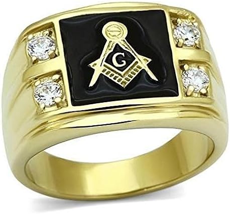 Vip Jewelry Co Men's 14k Gold Plated Stainless Steel AAA CZ Masonic Freemason Ring Band Size 8-14