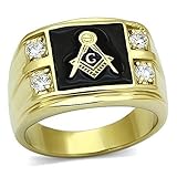 Men's 14k Gold Plated Stainless Steel AAA CZ Masonic Freemason Ring Band Size 8-14