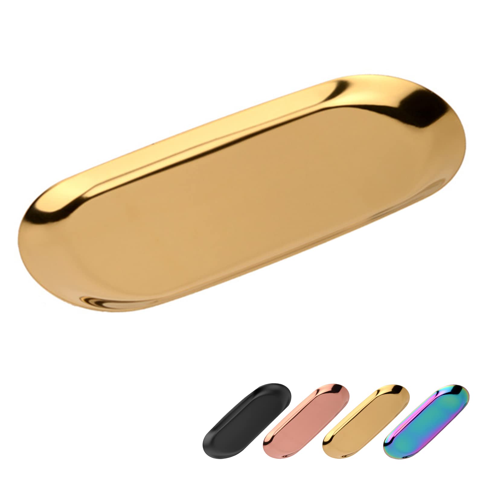 Bymivofun Oval Tray, Oval Cosmetic Tray, Stainless Steel Storage Tray, for Jewellery Storage, Snacks, Tea Tasting, Candles, Plates - 23 x 9.5 cm (Gold)
