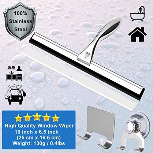 ALITA Bathroom Shower Window Squeegee - Deluxe Cleaning Tool for Mirror/Glass/Car Windshield/Kitchen, Stainless Steel, All Purpose Squeegee Wiper with Replacement Blade and Hook, 10 Inch