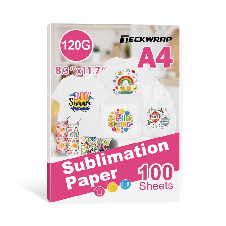 TECKWRAP Sublimation Paper A4 (210x297mm), 8.3"X 11.7", 100 Sheets,120gsm,Heat Transfer Paper Compatible with All Inkjet Sublimation Printer Ink Heat Press, with High Temperature Tape