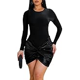 Ekaliy Women's Sexy Long Sleeve Mini Dress Elegant Crew Neck Twist Waist Ruched Bodycon Cocktail Party Short Dresses