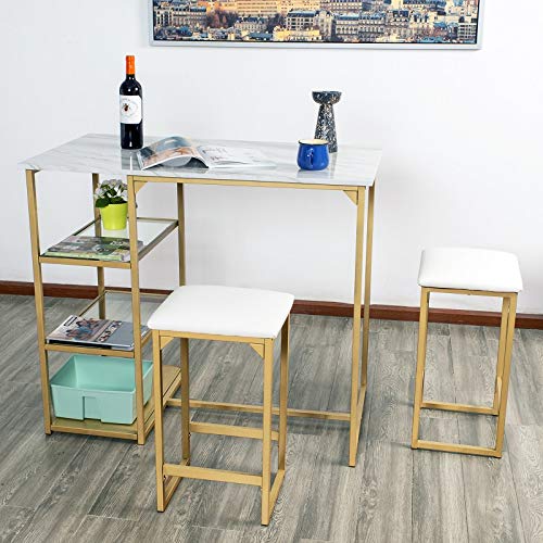 Modern 3 Piece Counter Dining Table Set with 2 Bar Stools and Metal Frame and Shelf Storage,Brass Pub Set with Faux Marble Top