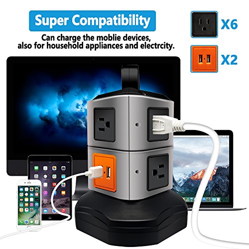 Surge Protector Power Strip, Lovin Product Safety Universal Electric Power Outlet; with 6 outlets, 4 USB Ports/ Rotating Tower/ 6 feet Cord Wire Extension/ Overload Protector/ for Home, Office