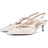 CORNMOOD Slingback Kitten Heels for Women Pointed Toe Stiletto Low Heels with Buckle Strap Heeled Pumps Sandals