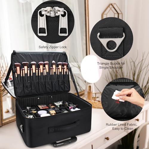 Relavel Makeup Case with 4 Removable 360 Degree Swivel Castors, Professional 3-Layer Organizer (Ideal for Makeup Artist and Hairdresser)