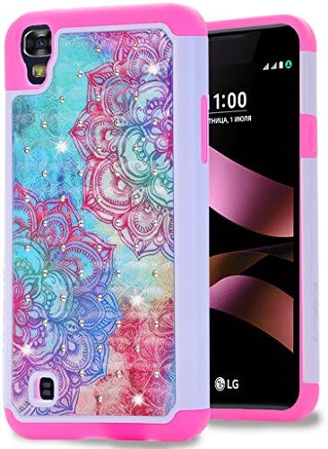 LG X Power Case, LG K6P Case ,MANDYCOWRY [ Fashion ]Crystal Bling Diamond Shell Shock Absorbing Soft Rubber Inner Hybrid Armor Protection Cover For LG X Power / K6P (Rose Flower)