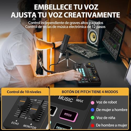 MAONO Mezcladora Interfaz de Audio caster Lite Estudio de Grabación Portátil TODO EN UNO con Micrófono de 3.5mm para Podcast, Streaming, Guitarra, Grabación y Gamer (AM200-S1)