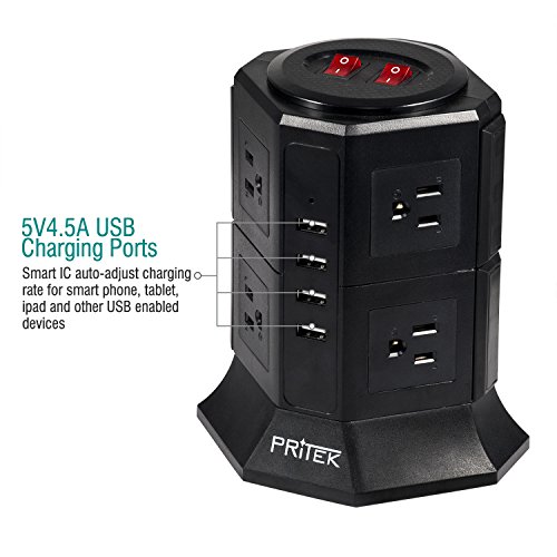 image for PRITEK Power Strip, RITEK 8 Outlets Tower Power Strip with 4 USB Ports