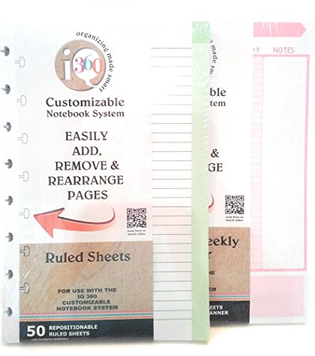 iQ 360 Customizable Notebook System, 50 Ruled Sheets, color green and Undated Weekly Planner 54 repositionable sheets color pink, size 5.5in x 8.5in