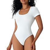 MOVWIN Women’s Bodysuit Tummy Control Seamless Short Sleeve Body Suit Shapewear Thong Square Neck Body Sculpting Shaper