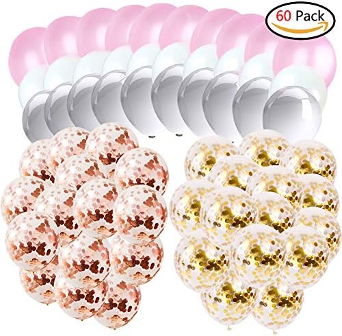 12" Confetti Balloon Set including 15pcs Rose Gold 15pcs Gold Confetti Balloons and 30Pcs Pink/White/Grey Latex Balloons for Birthday Party Hen Party Wedding Bridal Shower Decorations