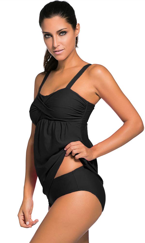 Agreya Women Two Pieces Swimwear Tankini Top with Triangle Bikini Simsuits (Black, L)