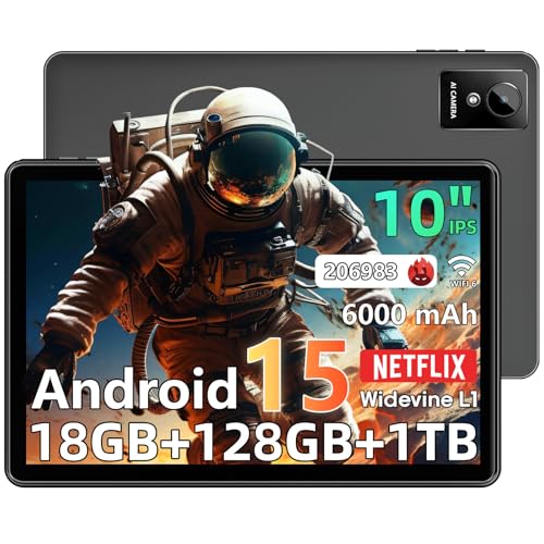 Tablet 10 inch Android 15 Tablets, 18GB RAM 128GB ROM 1TB Expand, Octa-Core Processor, 1280x800 IPS Widevine L1, WiFi 6, 8MP+5MP Dual Camera, BT5.4, 6000mAh, GPS，Gray