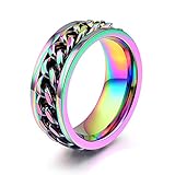 WaMLFac 8mm Titanium Steel Rainbow Spinner Cuban Link Chain Lucky Ring for Men Women Wedding Ring