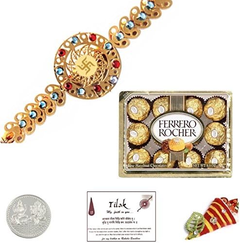 24K Gold Swastik Rakhi with 12 Piece Ferrero Rocher - Exact Design will be sent