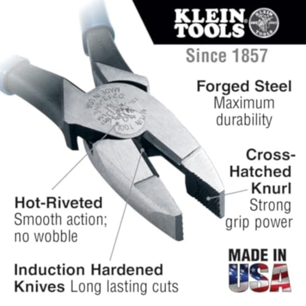Klein Tools HD213-9NE Lineman's Pliers, Made in USA, Heavy Duty Pliers with High Leverage Design, Heavy Duty Comfortable Handles and Knurled Jaws, 9-Inch