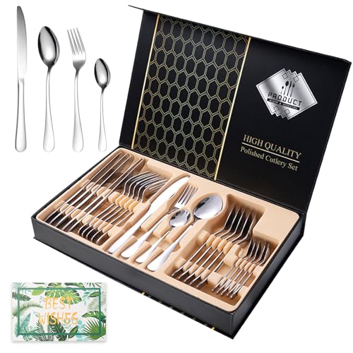Juego de Cubiertos, 24 Piezas Juego de Cubiertos de Acero Inoxidable, Tenedor, Cuchara, Cuchillo, Set de Cubiertos para 6 Personas, Caja de Regalo y Tarjeta de Felicitación, Lavavajillas (Plata)