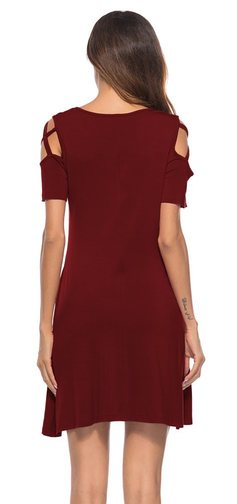 Womens Short Sleeve Cold Shoulder Dresses Pockets Strappy Casual T Shirt Dress Burgundy L