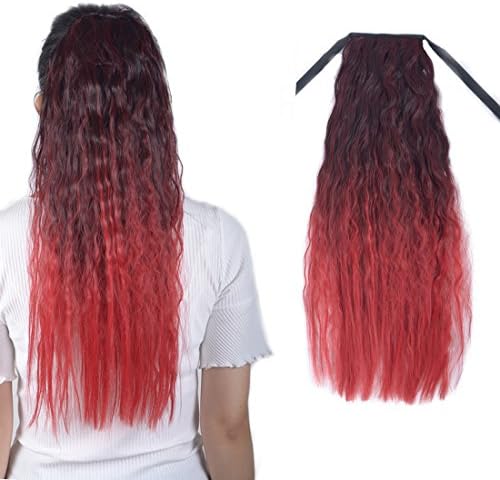 Urqueen Kinky Sweet Straight Synthetic Ponytail Clip In Hair Pieces 1 Piece Soft Silky For Women Fashion and Beauty(24 Inch, Black/Wine Red)
