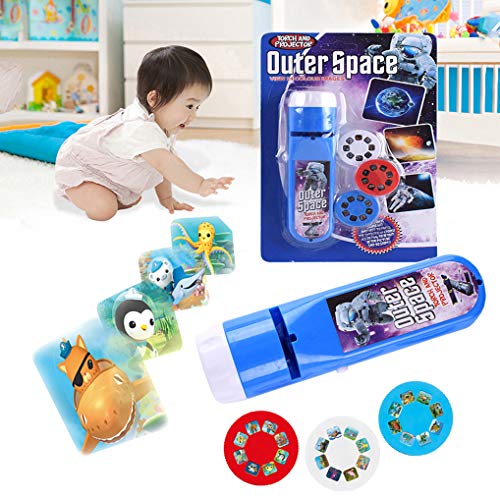 Wenosda Slide Projector Torch Projection Light Small Torches lamp Flashlight Educational Learning Bedtime Night Light for Child,Kids,Infant,Toddler,Children (64 Images,2set, Space +Animal World)