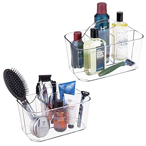 mDesign Plastic Men's Grooming Storage Organizer Caddy Tote - Divided Basket Bin, Handle for Bathroom - Holds Shaving Cream, Razors, Beard Oil, Combs, Brushes, Hair Gel, Cologne, Small, 2 Pack - Clear