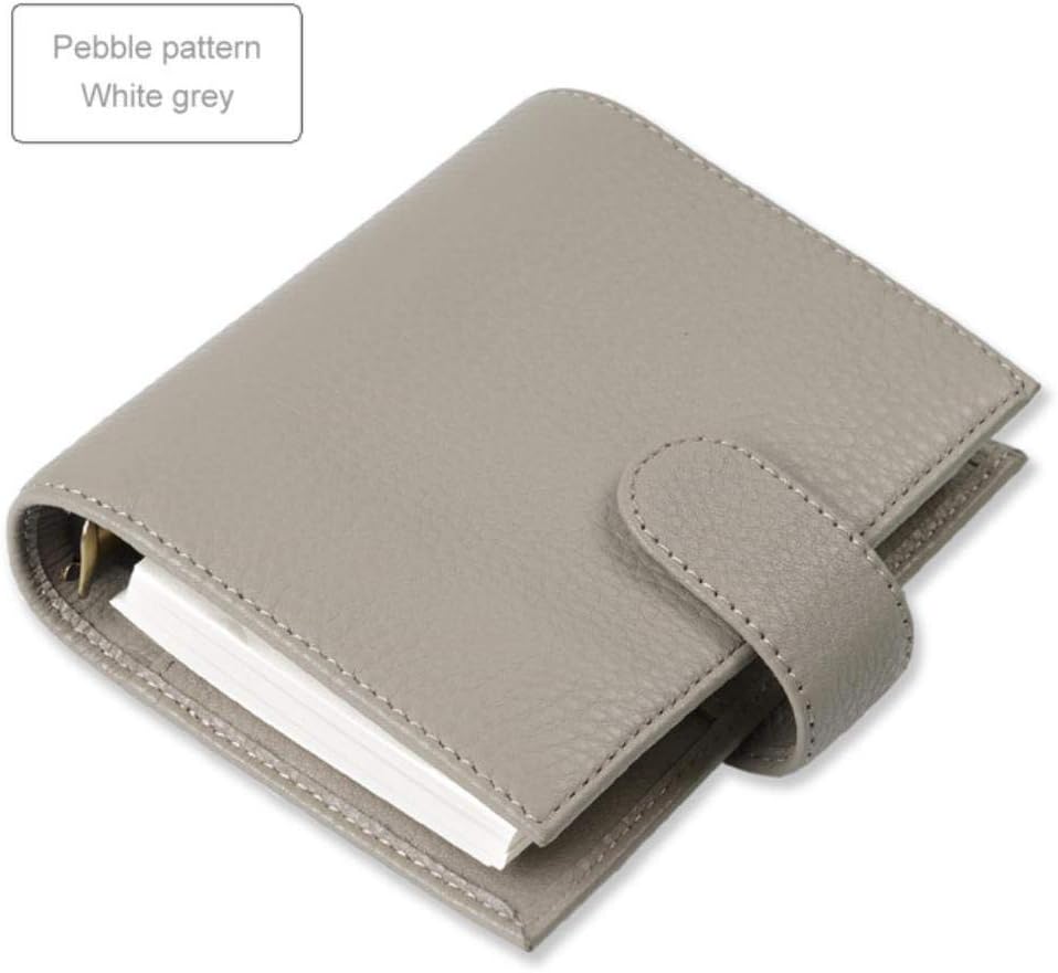 Qingb Genuine Leather Rings Notebook Brass Binder Mini Agenda Organizer Cowhide Diary Journal Sketchbook Planner Big Pocket,Pebble White Grey,A7 Cover 142x115mm