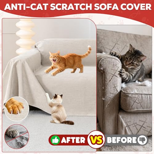 Loiion Pet Fur Sofa Covers, 3 Seater Sofa Cover, Furniture Protector for Dogs, Sofa Protector for Cats Scratches and Pet Dogs, Non-Slip Stains, Khaki, 380 x 180 cm
