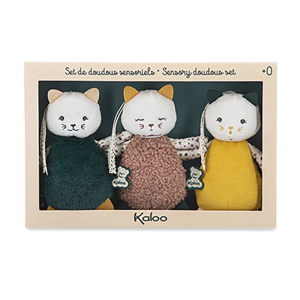 Kaloo - Stimuli - My Little Huggable Cats - Set of 3 Sensory Soft Toys Baby - Motricity & Manipulation Early-Learning Toy - 5.5"/14 cm - New Born - K971600