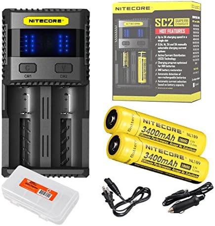 Nitecore SC2 Superb Charger 3A Speedy Charger for 18650 RCR123A 16340 14500 &amp; Batteries plus TWO 3400 mAh 18650 Batteries LumenTac Battery Organizer