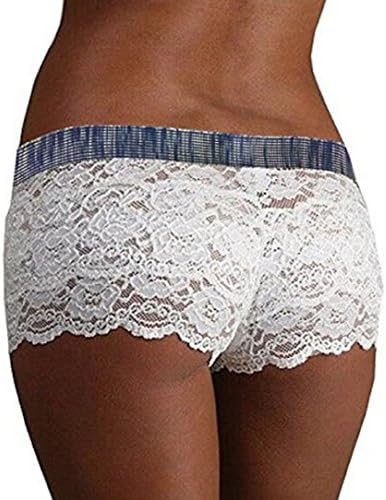 Bowiln Women Fitted Scallop Hem Crochet Lace Lingerie Boxer Briefs Underwear Knickers Mini Shorts (White, S)
