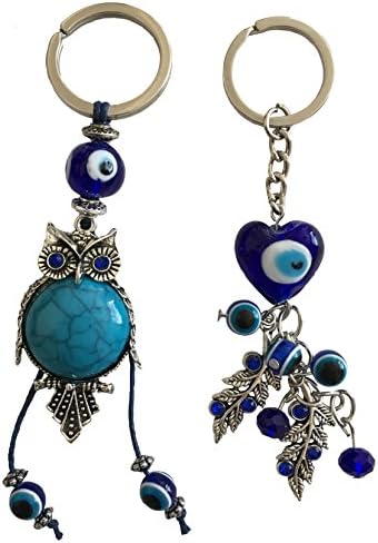 Blue Evil Eye Keychain Ring for Protection and Blessing, Set of 2 Charms Owl and Heart with Leaves for Wisdom and Life