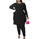 MRSFITOK Plus Size 2 Piece Outfits for Women Pants Sets Sexy Elegant Long Sleeve Split Shirt Bodycon Casual tracksuits