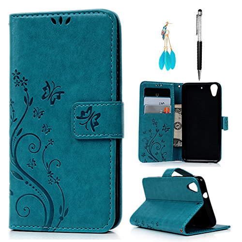 HTC Desire 626 Case, HTC Desire 626s Case, Premium PU Leather Embossed Floral Butterfly Notebook Wallet Cover with Card ID Slot Magnetic Closure Flip Protective Skin Cover by MOLLYCOOCLE, Blue