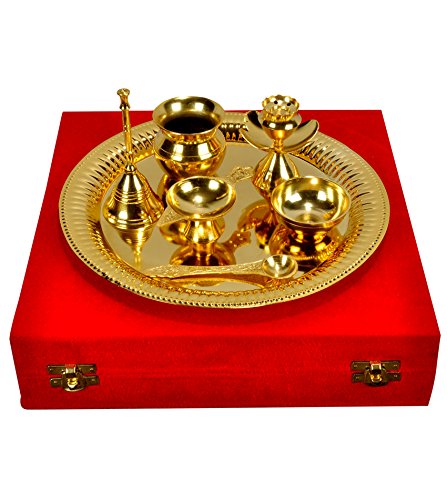 Anand CraftsGold Plated Steel Pooja Thali 11.5" Diameter with Brass Bell