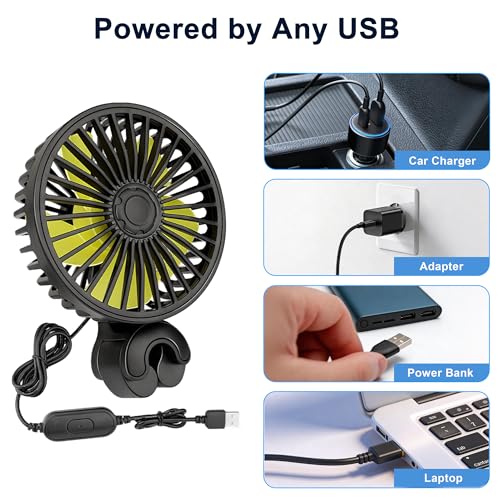 Qidoe USB Car Fan for Rear Seat and Kids with 3 Speeds and 360° Rotation Compatible with Cars, SUV, Truck, Caravan, Boat, Motorhome