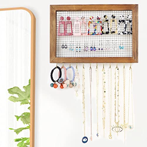 Jewelry Organizer Wall Mounted Mesh Rustic Wood Vanity Jewlerynorganizer Display Earring Storage Holder Organiser with Hooks Hanging Earing, Necklace, Bracelet and Sunglasses(Stencil)