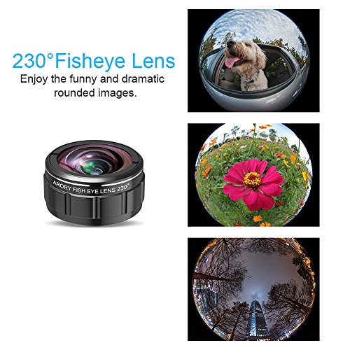 image for ARORY Phone Camera Lens, 230° Fisheye Lens + 15x Macro Lens + 0.6X Wi
