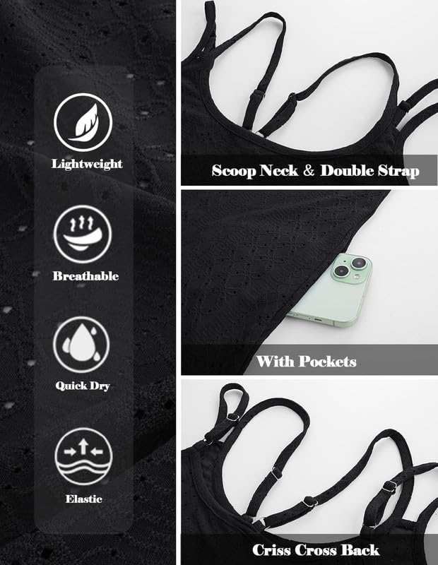 Hanna Nikole Bikini Cover Ups for Women Plus Size Hollow Out Swimsuit Cover Ups Beach Coverups Spaghetti Strap Beach Dress with Pockets Black