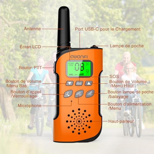 AWANFI Walkie Talkie Kids Adults Rechargeable 3 Pieces Walkie Talkie Long Range Flashlight 8 Channel Walkie Talkie USB Type C for Camping, Hiking, Biking, Toy Gift for Girl and Boy