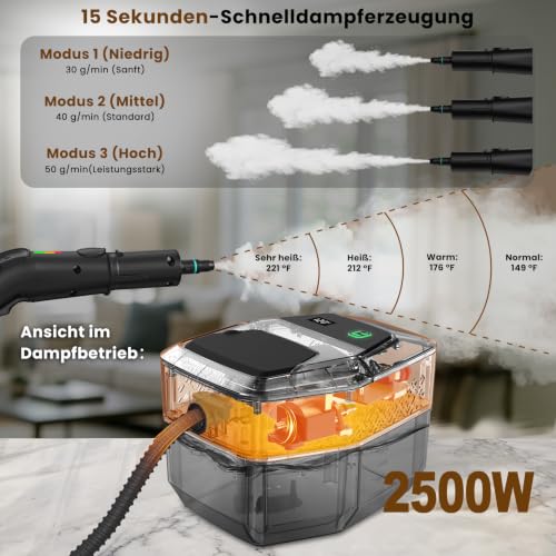GalhanEhe 14 in 1 Steam Cleaner, 3 Levels Adjustable Handle, Temperature Display, 15s in Heating, 1.8L Tank, for Kitchen, Bathroom, Car and Furniture (Black and Gold)
