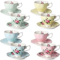 BTäT- Floral Tea Cups and Saucers, Set of 8 (8 oz) Multi-color with Gold Trim and Gift Box, Coffee Cups, Floral Tea Cup Set, British Tea Cups, Porcelain Tea Set, Tea Sets for Women, Latte Cups