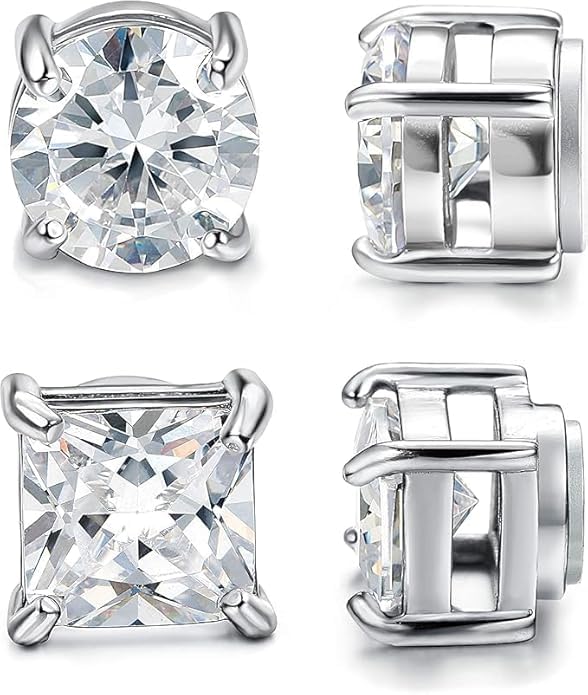 MILACOLATO 2 Pairs Stainless Steel Stud Earrings for Men Women Fake Non-piercing CZ Hypoallergenic 4-10mm