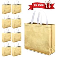 Farielyn-X 12 PACK Glossy Reusable Grocery Bag, Tote Bag with Handle, Non-woven Fashionable Stylish Present Bag, Gift Bag, Goodies Bag, Shopping Promotional Bag (Gold 12.7 x 4.7 x 11.1 Inch)