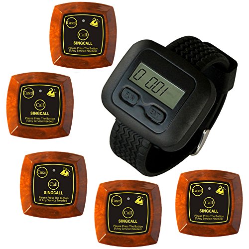 SINGCALL Wireless Calling System, Double-Button Pager,5 Pagers and 1 Pc Watch Receiver