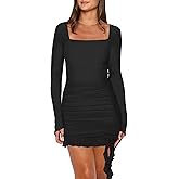 Nsbonu Women's Sexy Bodycon Ruched Long Sleeve Mini Dress Square Neck Ruffle Hem Cocktail Party Short Dresses