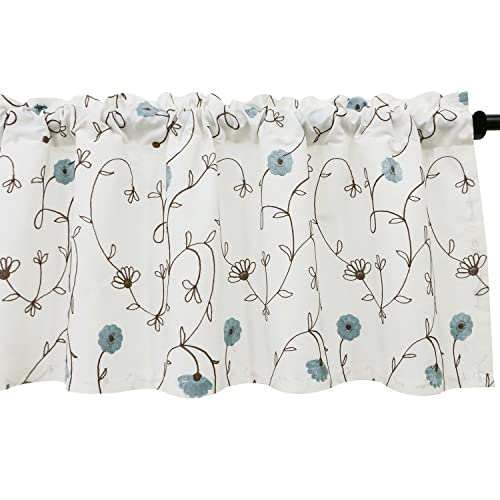 VOGOL Floral Embroidered Kitchen Valances for Windows Linen Valances for Living Room Rod Pocket Curtains Drapes for Small Windows, (52 x 18 Inches, Blue Floral, One Panel)