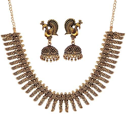 The Trendy Trendz India Bollywood Oxidized Golden Gypsy Style Necklace and Peacock Jhumka Earrings Jewelry for Women and Girls