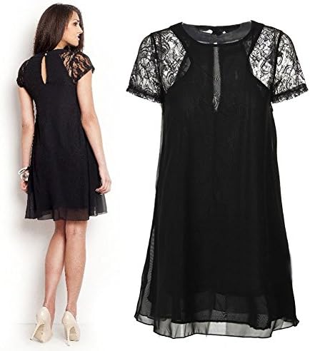 Women Celeb Sexy Swing Chiffon Lace Short Sleeve One-Piece Shirt Dress Navy L
