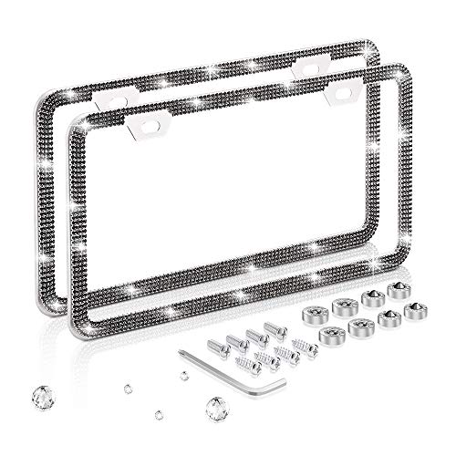 Delixike Bling Rhinestone Thin Border Black License Plate Frame for Women Men, Luxury Handmade Waterproof Stainless Steel Licence Plate Frames for Front Back License - Thumbnail 7